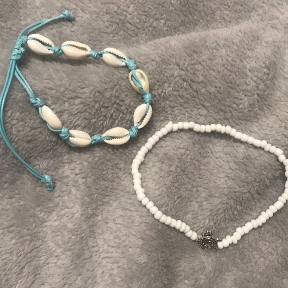 2 piece boho blue cord stretch shell anklet set - Picture 2 of 3